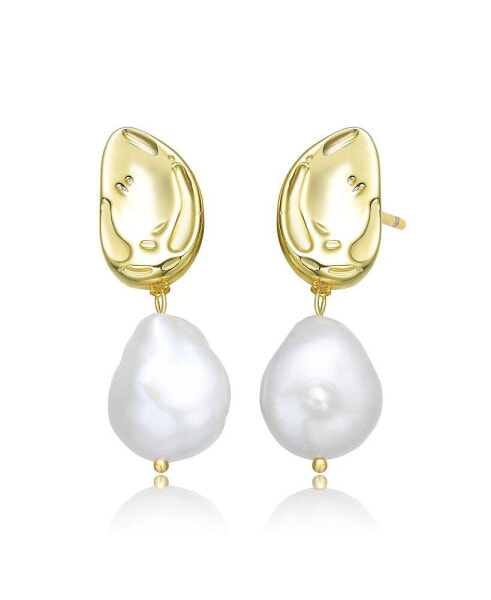 Elegant Sterling Silver with 14K Gold Plating and Genuine Freshwater Pearl Dangling Earrings