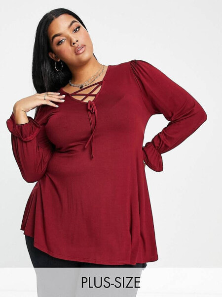 Yours Exclusive lace up top in burgundy