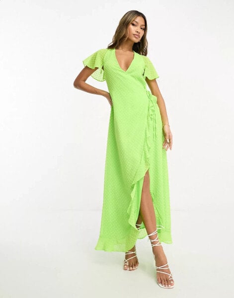 ASOS DESIGN frill detail wrap maxi dress in bright lime dobby