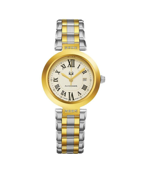 Ladies Quartz Date Watch with Yellow Gold Tone Stainless Steel Case on Yellow Gold Tone Stainless Steel and Stainless Steel Bracelet, Silver DIAMOND Dial