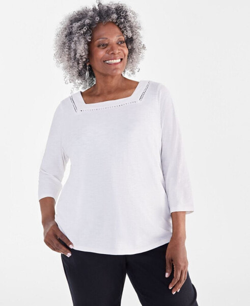 Plus Size Cotton Square-Neck Top, Created for Macy's