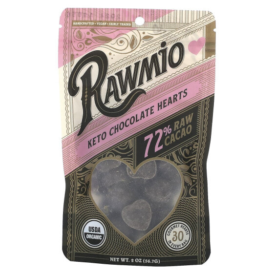 Rawmio, Keto Chocolate Hearts, 72% сырого какао, 56,7 г (2 унции)