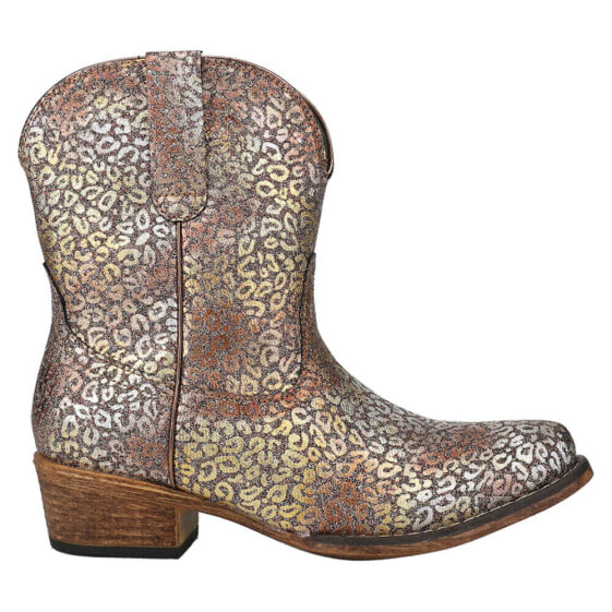 Roper Ingrid Metallic LeopardCheetah Snip Toe Cowboy Bootie Womens Brown Casual