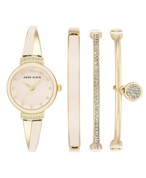 Women's Gold-Tone Alloy Bangle with Pink Enamel Fashion Watch 33.5mm and Bracelet Set