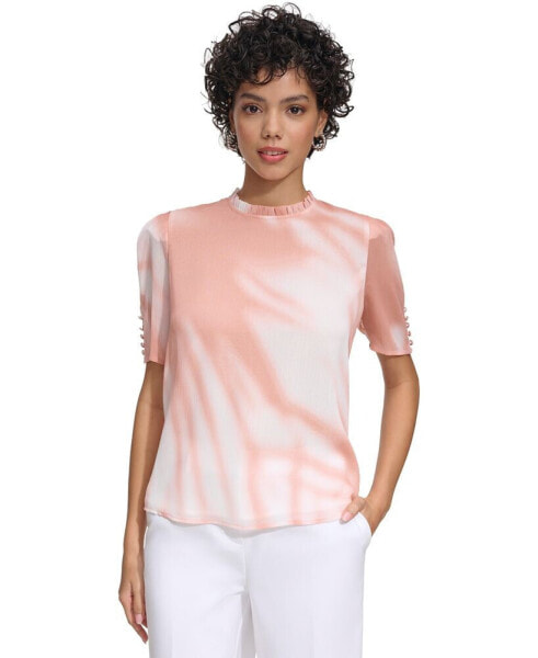 Petite Dyed Buttoned-Cuff Pleated-Neck Top