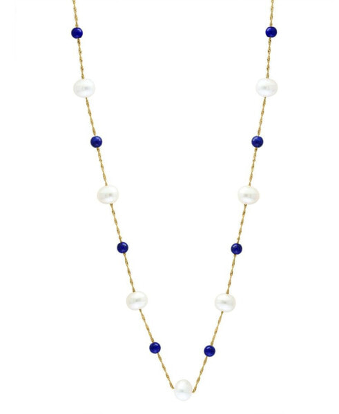 EFFY® Freshwater Pearl (6-1/2mm) & Lapis Lazuli 18" Collar Necklace in 14k Gold