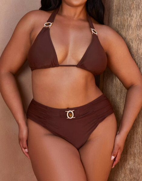 Moda Minx Curve X Bernadette Afia – Amour – Bikinihose in Kaffeebraun mit hohem Bund