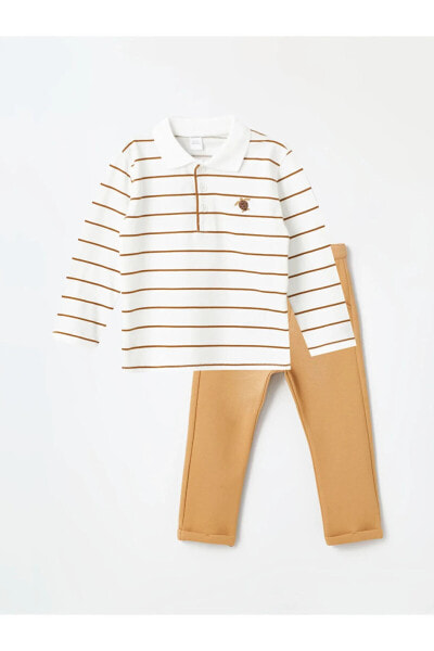 Polo Yaka Uzun Kollu Çizgili Erkek Bebek Tişört ve Pantolon 2'li Takım