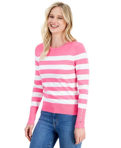 Women's Striped Button-Cuff Crewneck Sweater