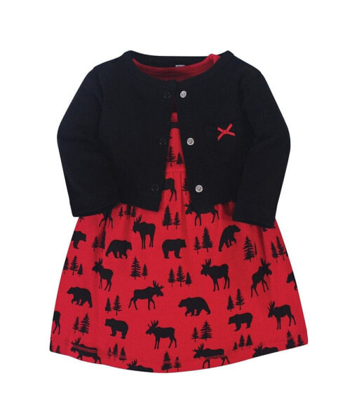 Baby Girls Cotton Dress and Cardigan 2pc Set, Red Moose Bear