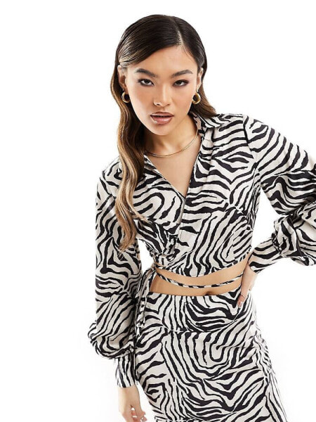 In The Style exclusive satin tie waist shirt co-ord in zebra