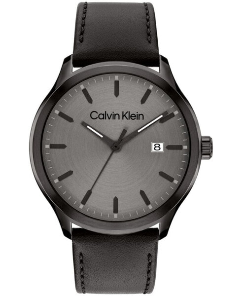 Men's 3H Quartz Black Leather Strap Watch 43mm