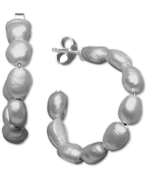 Cultured Freshwater Baroque Pearl (5-1/2 -6mm) Medium Hoop Earrings in Sterling Silver (Also available in White, Pink & Gray Pearls)