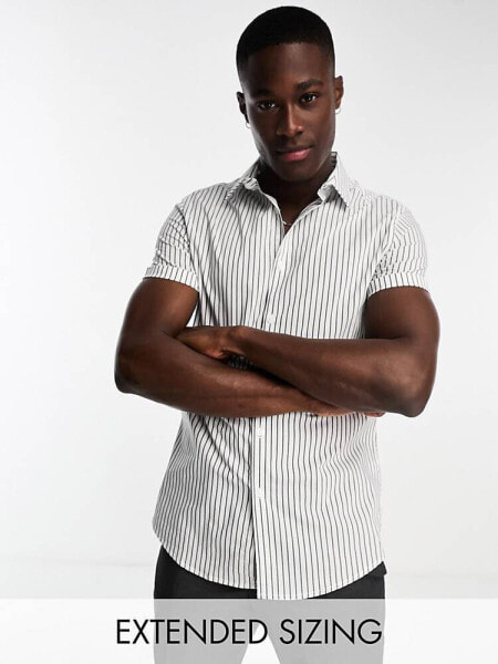 ASOS DESIGN slim fit short sleeve stripe shirt in white & black