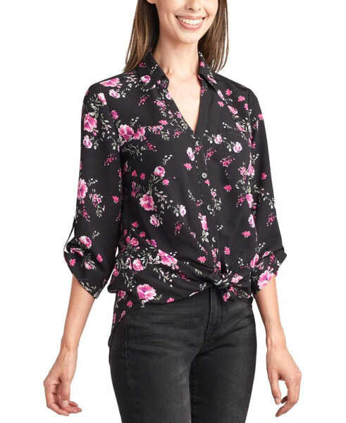 Juniors' Roll-Tab-Sleeve Tie-Front Floral Shirt