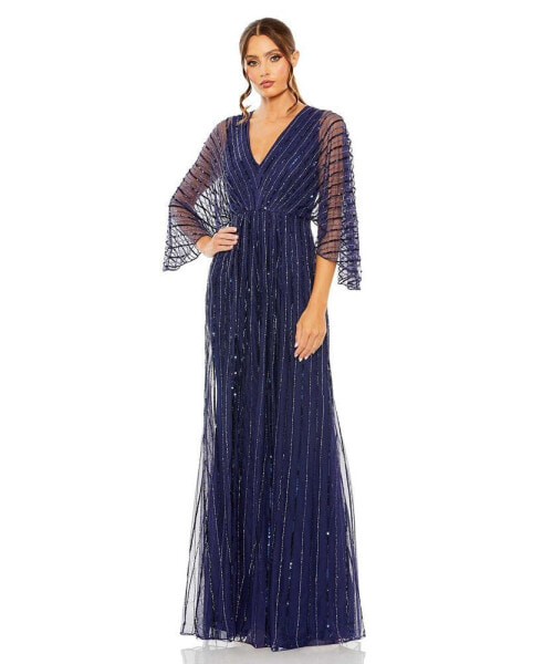 Women's Beaded Striping Kimono Sleeve V Neck Gown