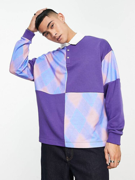 ASOS DESIGN oversized polo sweatshirt with check panelling in purple 