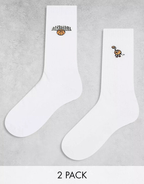 ASOS DESIGN 2 pack sock with basketball embroidery in white