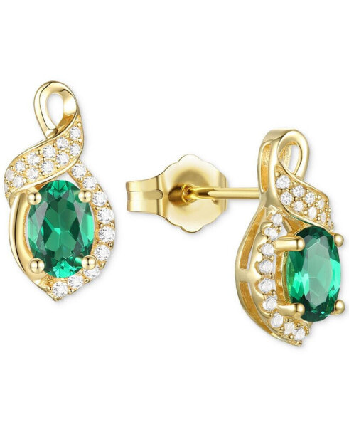 Lab-Grown Emerald (3/4 ct. t.w.) & Lab-Grown White Sapphire (1/6 ct. t.w.) Oval Swirl Stud Earrings in 14k Gold-Plated Sterling Silver