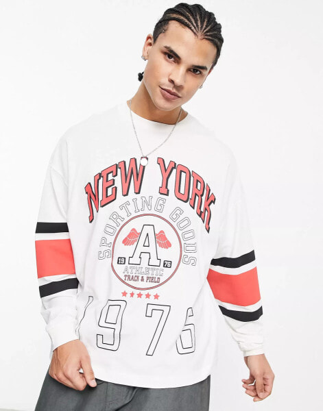 ASOS DESIGN oversized long sleeve t-shirt in off white with collegiate print