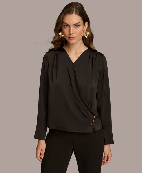 Women's Long Sleeve Faux-Wrap Satin Blouse