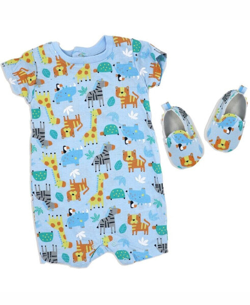 Baby Boys Safari Short Sleeved Romper and Shoes, 2 Piece Set