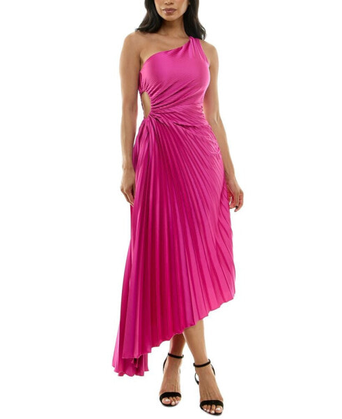 Juniors' Pleated Cutout One-Shoulder Gown