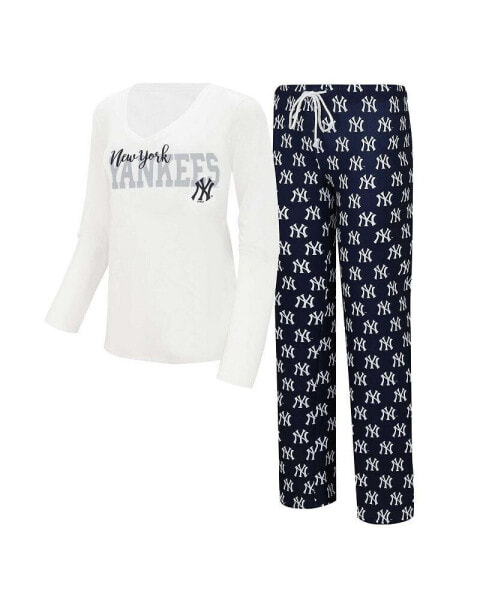 Пижама Concepts Sport женская белая, синяя Нью-Йорк Янки с длинным рукавом V-образным вырезом и брюки Gauge.