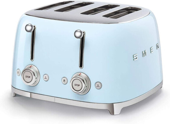 SMEG, TSF03PBEU 4-Slot Toaster, 4 Extra Wide Toast Slots, 2 x 6 Roasting Levels, 2 x 3 Automatic Programmes: Reheat, Defrost and Bagel Function, Removable Crumb Tray, 2000W, Blue