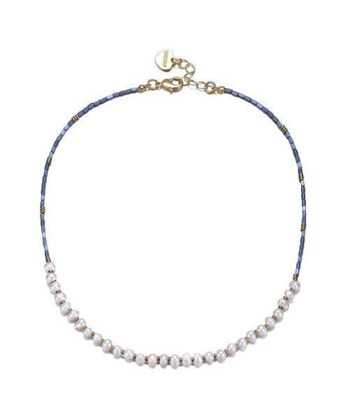 14k Yellow Gold Plated Light Blue Mineral Beads Bracelet with Freshwater Pearls for Kids/Teens