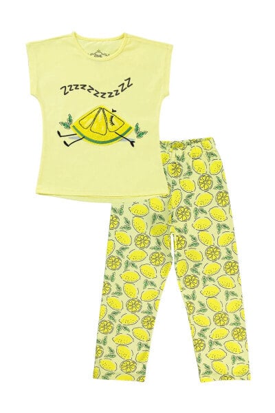 Kız Çocuk Pijama Takımı 6-9 Yaş Pastel Sarı