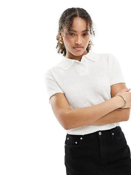 Stradivarius rustic knit polo top in white 