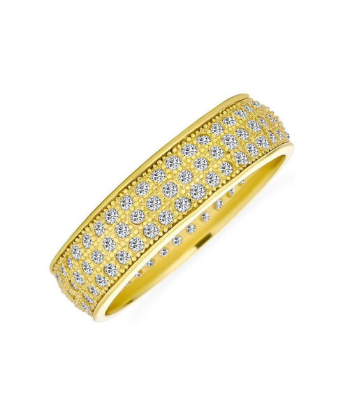 Classic Traditional 3 Row Micro Pave Cubic Zirconia CZ Anniversary Eternity Band Ring For Women Yellow 14K Gold Plated .925 Sterling Silver Rhodium 5MM Wide