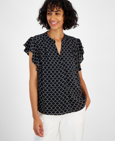 Women's Printed Split-Neck Flutter-Sleeve Top