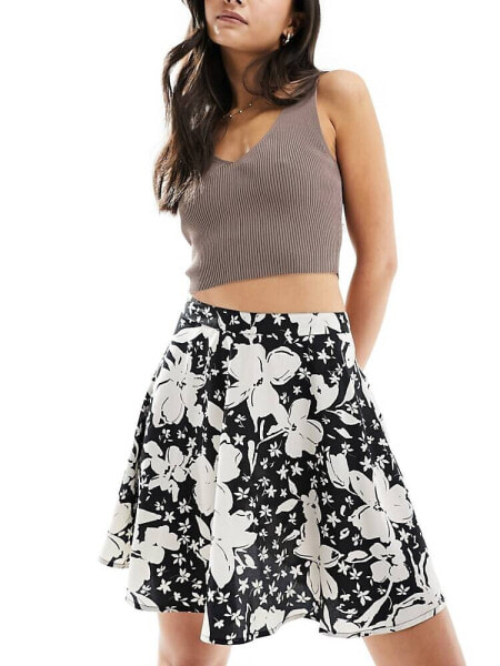 Wednesday's Girl floral print flippy mini skirt in black and cream
