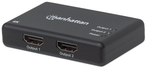 Manhattan HDMI Splitter 2-Port - 4K@30Hz - Displays output from x1 HDMI source to x2 HD displays (same output to both displays) - AC Powered (cable 0.9m) - Black - Three Year Warranty - Retail Box (With Euro 2-pin plug) - HDMI - 2x HDMI - 3840 x 2160 pixels - Blac