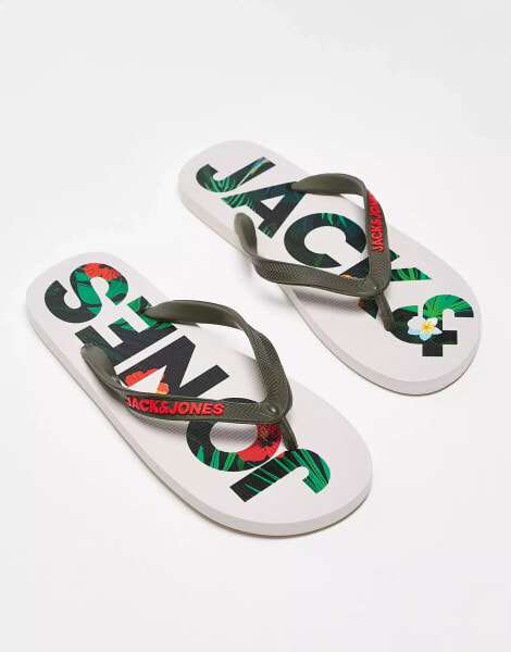 Jack & Jones flip flops with floral logo in green