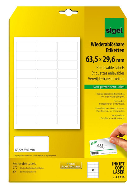 Sigel LA210 - White - Rounded rectangle - Removable - 63.5 x 29.6 mm - A4 (210x297 mm) - Universal