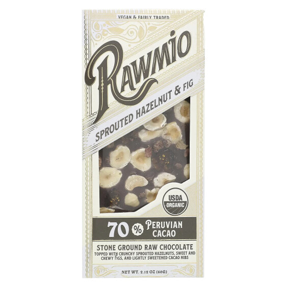 Rawmio, Пророщенный фундук и кора инжира, 70% перуанского какао, 60 г (2,12 унции)