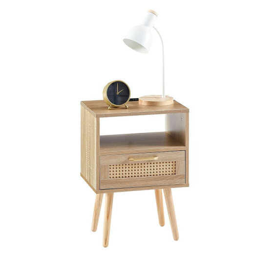 Rattan End Table With Power Outlet & USB Ports, Modern Nightstand With Drawer And Solid Wood