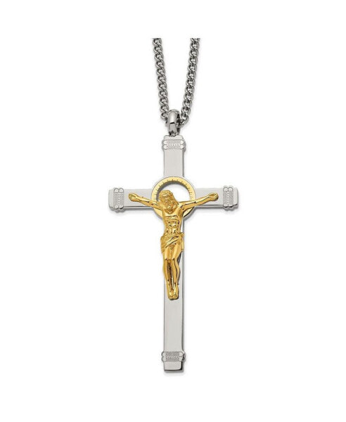 Chisel polished Yellow IP-plated Crucifix Pendant Curb Chain Necklace
