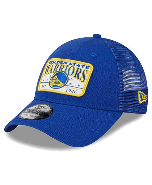 Men's Royal Golden State Warriors Plate Oversized Patch Trucker 9FORTY Adjustable Hat