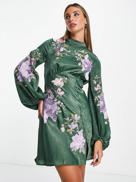 ASOS DESIGN satin embroidered mini dress with floral artwork in green