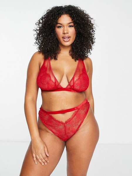 ASOS DESIGN Curve – Viv – Brasilianischer Slip aus Spitze und Netzstoff in Rot mit hoher Taille und Samtbesatz