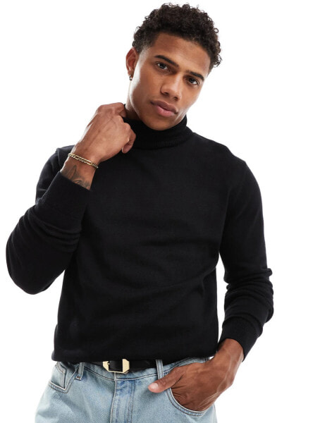 Brave Soul cotton roll neck jumper in black