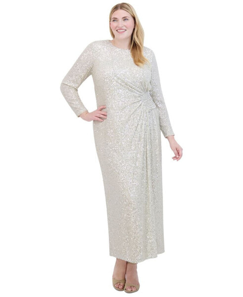 Plus Size Boat-Neck Long-Sleeve Sequin Gown