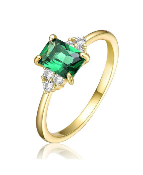 Sterling Silver 14k Yellow Gold Plated with Emerald & Cubic Zirconia Solitaire Cluster Anniversary Engagement Ring