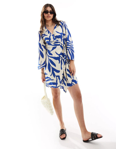 JDY wrap kimono dress beige with blue palm print