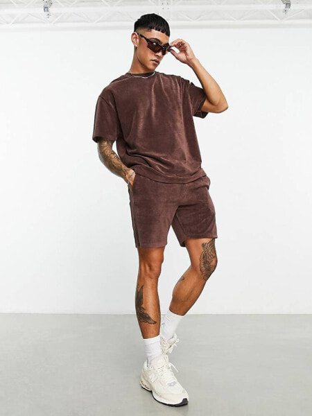 ASOS DESIGN co-ord slim shorts in brown soft towelling