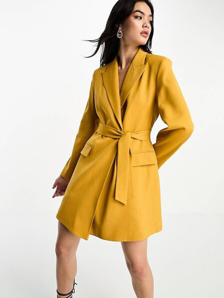 & Other Stories wool blend tie waist blazer mini dress in mustard